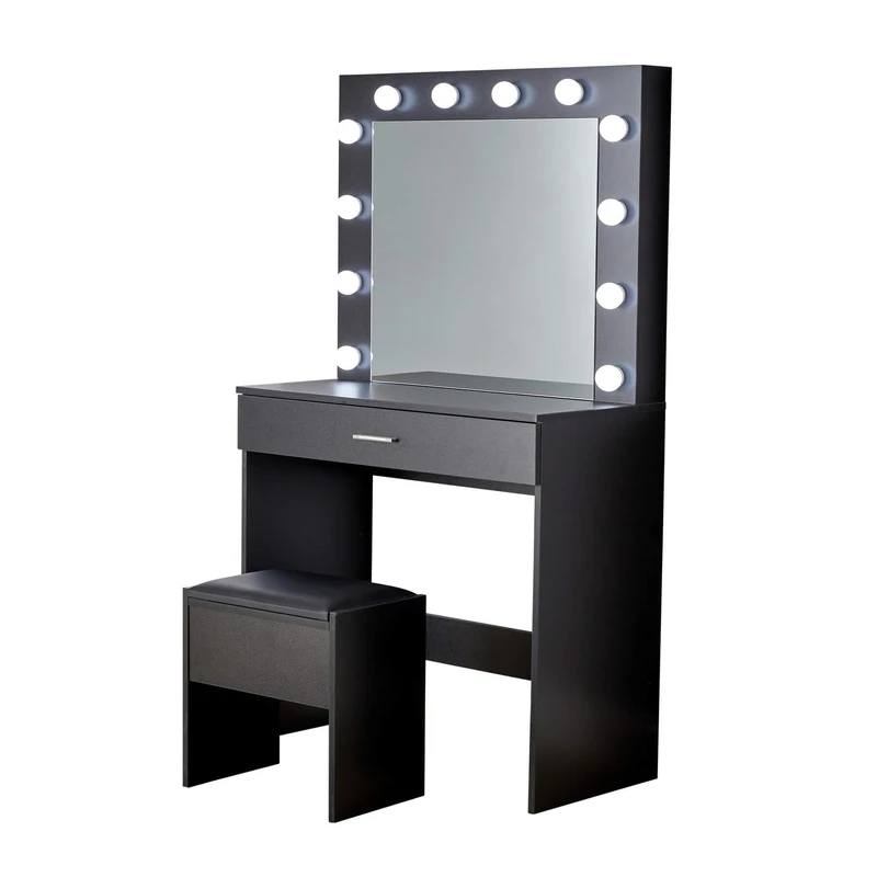 Home Source Dressing Table Set, LED Lights Mirror, 1 Drawer Makeup Table, Padded Stool, Vanity Desk Station, Black