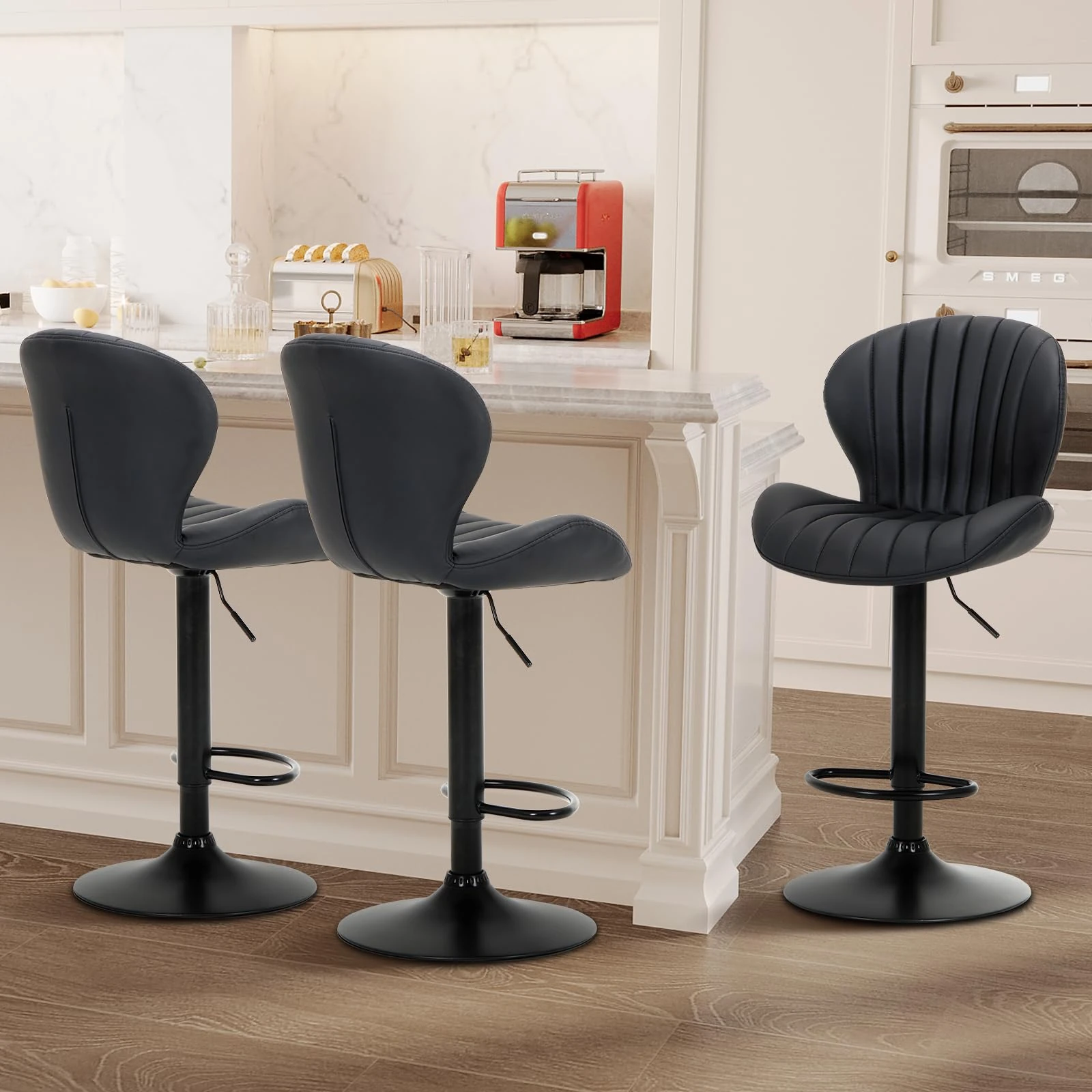COLAMY Bar Stools Set of 3, Modern Swivel Bar Chairs, Adjustable Faux Leather Upholstered Barstools Counter Height with High Backrest for Kitchen Island, Dining Room, Black