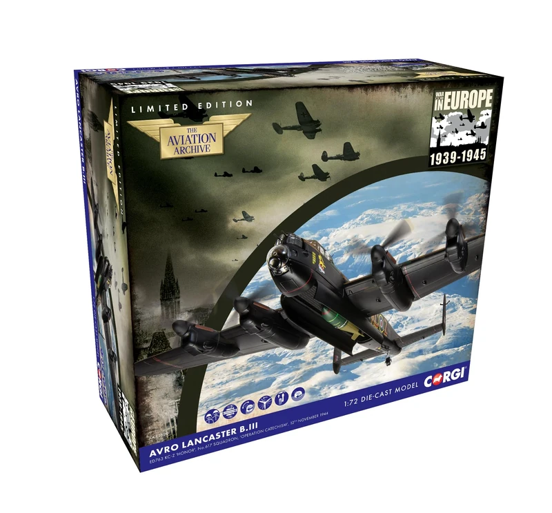 Corgi AA32629 Avro Lancaster BIII, ED763 ‘KC-Z’ “Honor”, RAF No.617 Sqn, ‘Operation Catechism’, Sinking the Tirpitz, November 12th 1944 Diecast scale model, Green