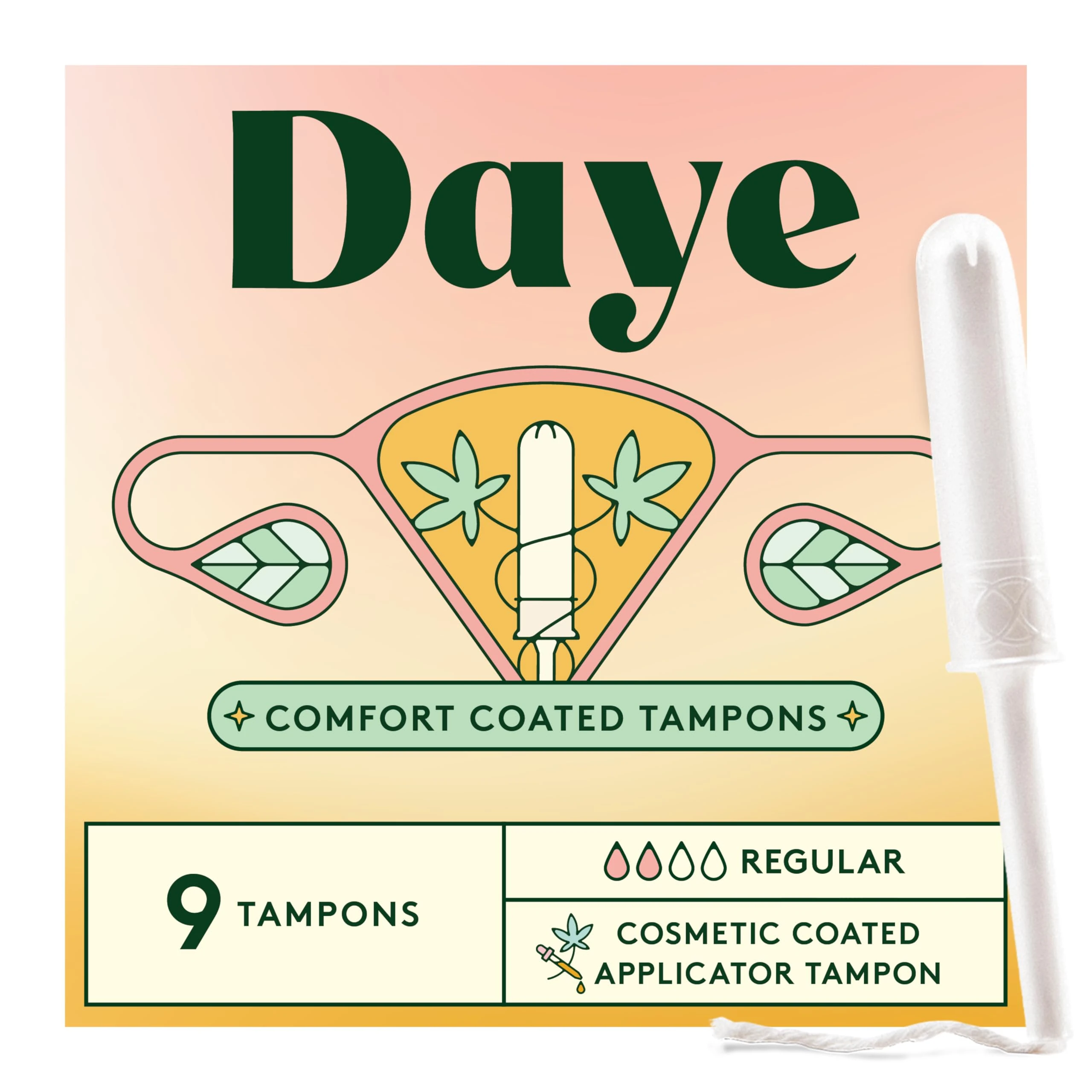 Daye CBD-Enhanced Tampons Regular | 9ct | Pesticide & Metal Tested, Organic Cotton with CBD Comfort Coating | No-Shed Sleeve, Sugarcane Applicator