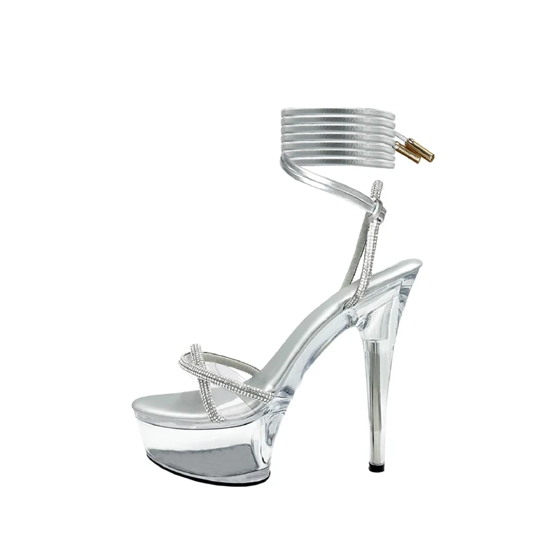 Baffoloo Women's Rhinestones Strap Clear Platform Stiletto Heels Sparkly Tie Up Strappy Sandals, Sliver, 5 UK