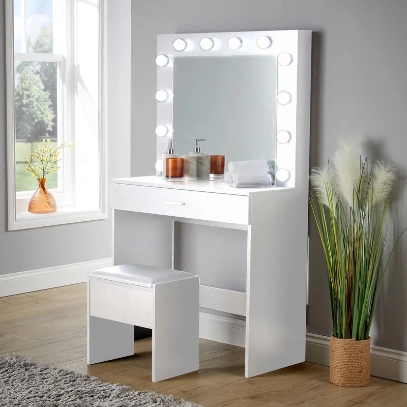 Home Source White Dressing Table Set with LED Mirror & Padded Stool – 1 Drawer Vanity Table with Mirror and Lights, Makeup Desk for Bedroom, Apartments & Student Rooms
