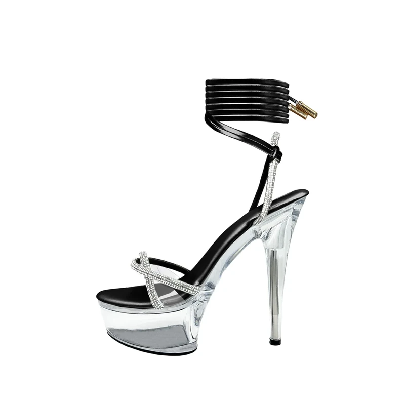Baffoloo Women's Rhinestones Strap Clear Platform Stiletto Heels Sparkly Tie Up Strappy Sandals, Black, 5 UK