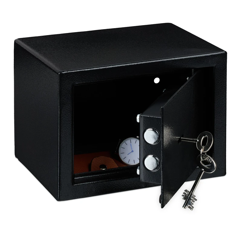 Relaxdays Safe with 2 Keys, Double Bolt Lock, Wall & Floor, 17x23x17 cm, Compact Security Box, Money & Jewellery, Black, Steel