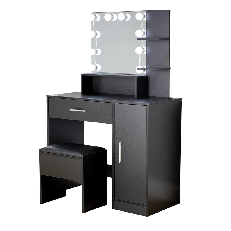 Home Source LED Mirror Dressing Table Set, 1 Door 1 Drawer Makeup Table, 2 Shelves and Open Compartment Storage, Padded Stool, Vanity Desk, Black
