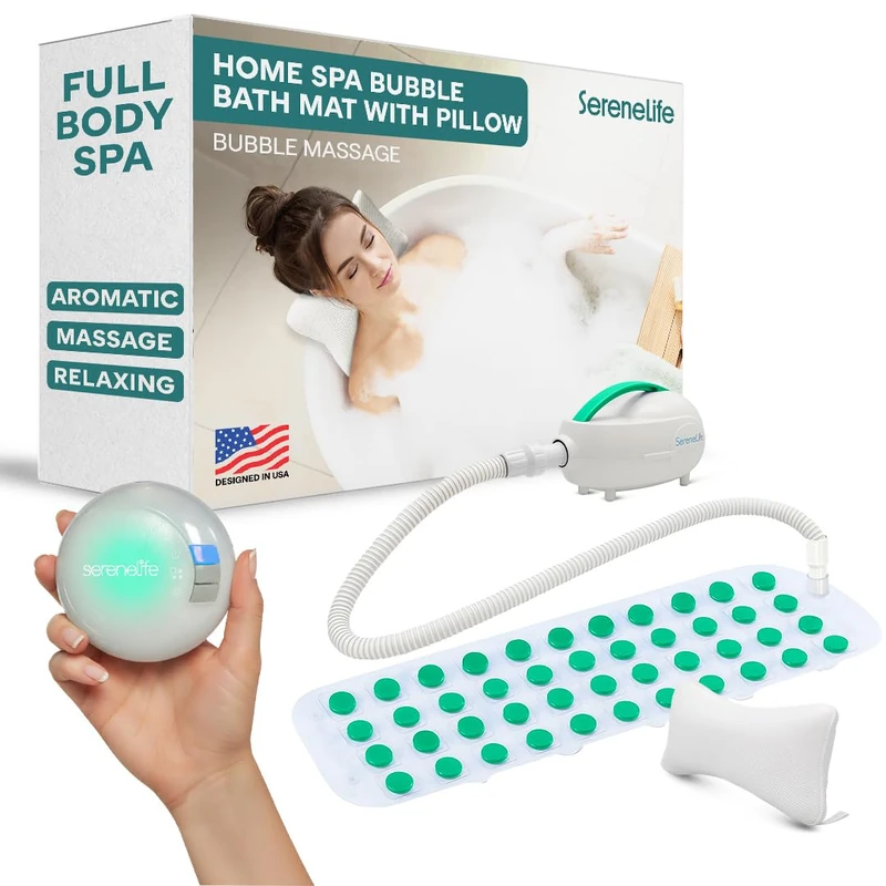 SereneLife Bubble Bath Mat – Portable Spa Mat with Adjustable Intensity, Waterproof LED Light, Pillow and Remote Control for Ultimate Relaxation, 47" x 14.2" (Teal) - Image 1
