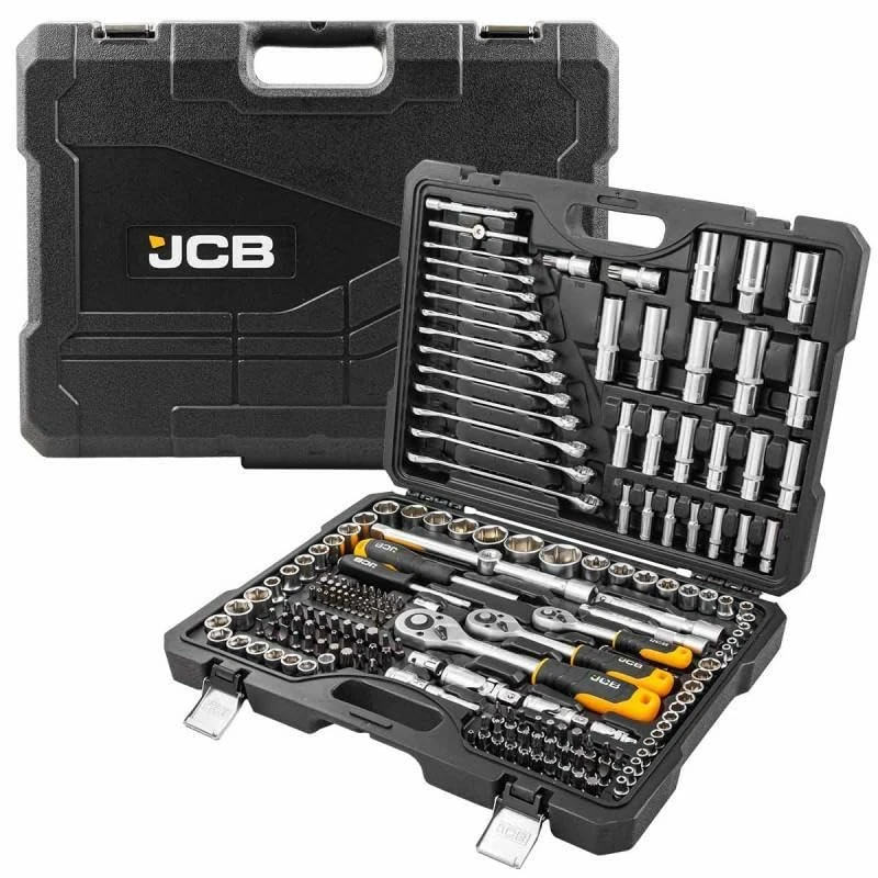 JCB 218 Piece Socket and Tool Set, 3/8'', 1/4'' and 1/2'' Sockets, Bits, Wrenches, and Accessories for Various Heavy-Duty Mechanical and Maintenance Purposes