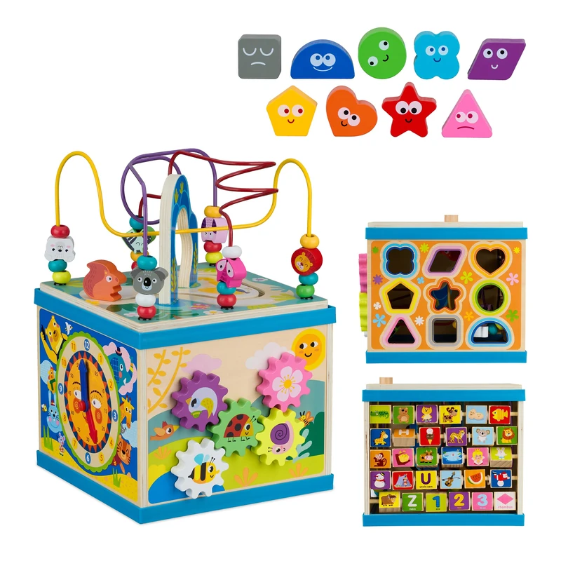 Relaxdays Motor Skills Cube, Wooden, Suitable for Children 3+, Educational Toy for Boys & Girls, Vibrant Activity Loop, Wood, 34.5 x 24 x 23 cm