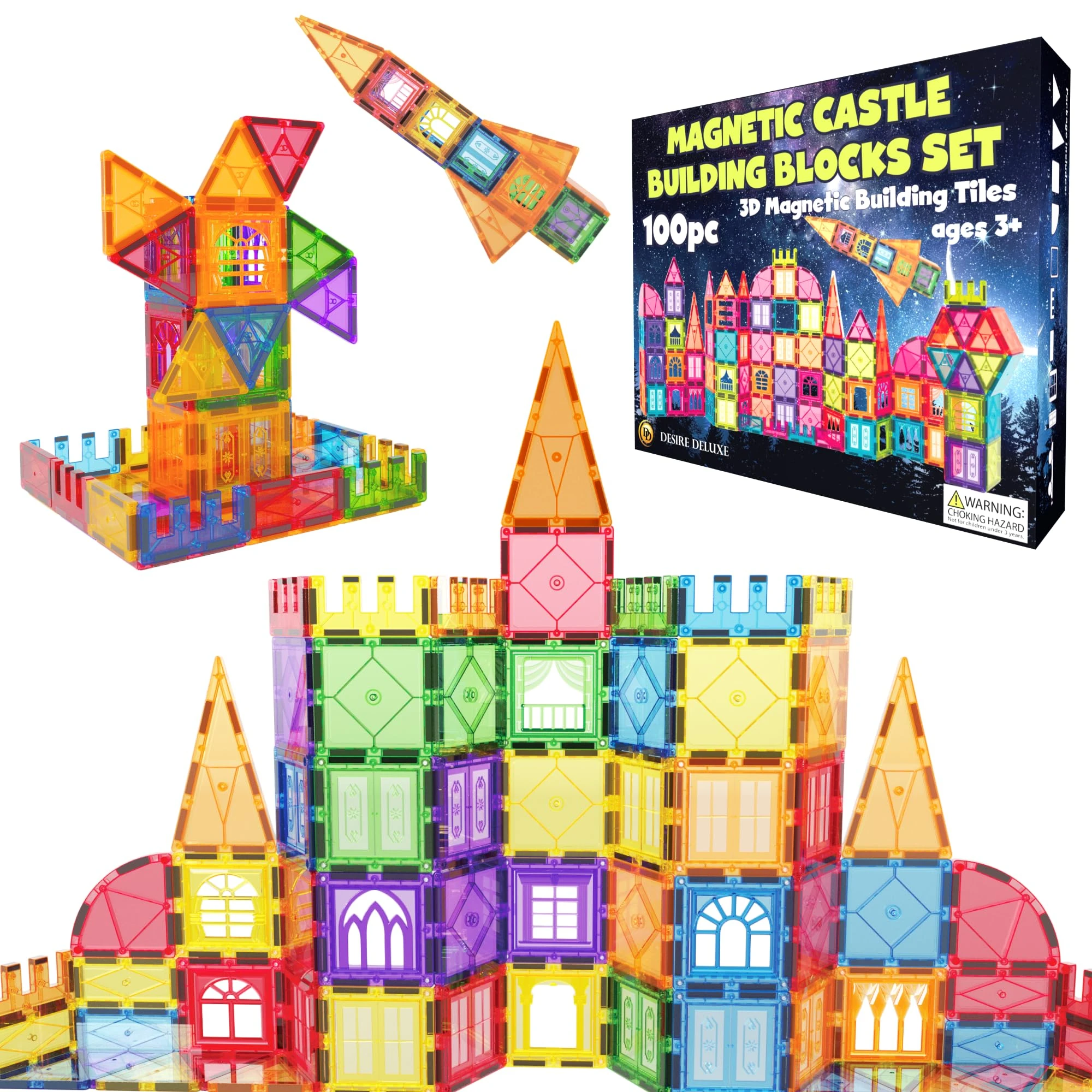 Desire Deluxe Magnetic Tiles Building Blocks Set Toy for Girls & Boys 3+ Year - Educational Magnet Stem Learning Construction Toy Preschool Brain Development Toy for Kids, Birthday Gift, 100pc
