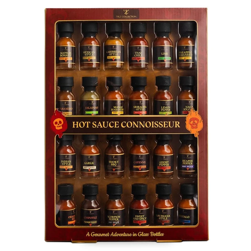 Tilz, Hot Sauce Gift Set - 24 Chilli Sauce Gift Set |Christmas Food Gifts For Men Women, Cayenne, ⁠Sriracha, ⁠Scotch Bonne, ⁠BBQ, Chipotle|Hot Sauce Sets, Christmas Gifts, Xmas, Birthday Present Vegan