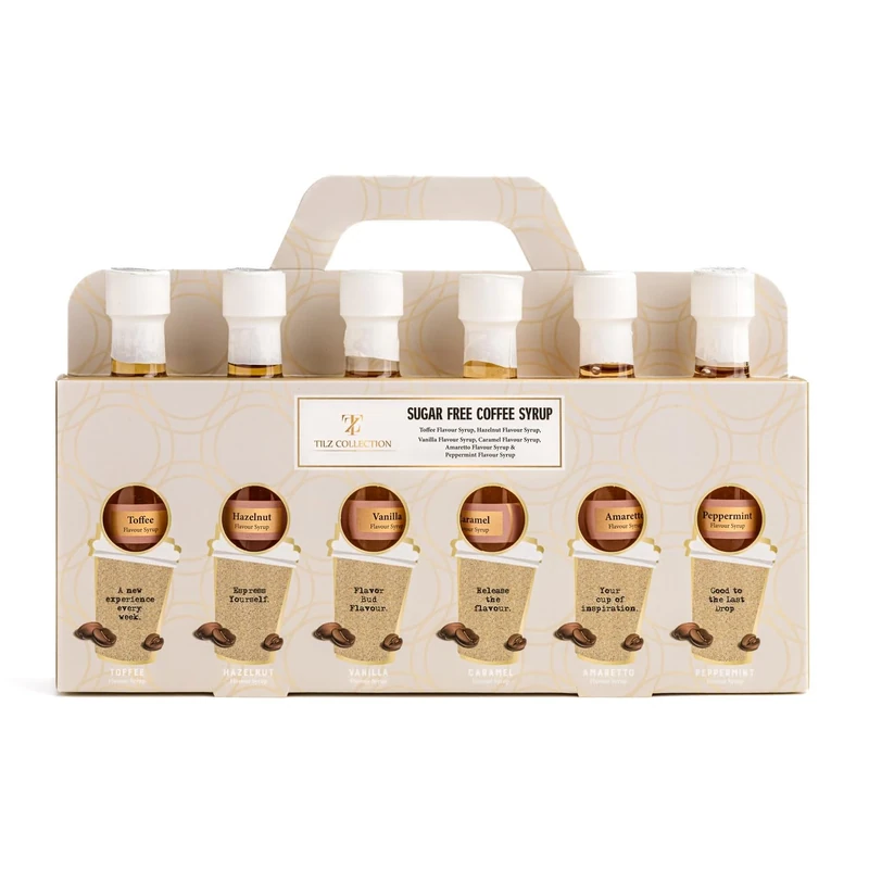 Tilz, Sugar Free Coffee Syrups - 6 Sugar Free Syrup Coffee Gifts For Men, Women |Cocktail Gift Sets, Vanilla Syrup, Caramel, Hazelnut, Amaretto, Toffee, Peppermint |Birthday, Christmas Food Gifts sets