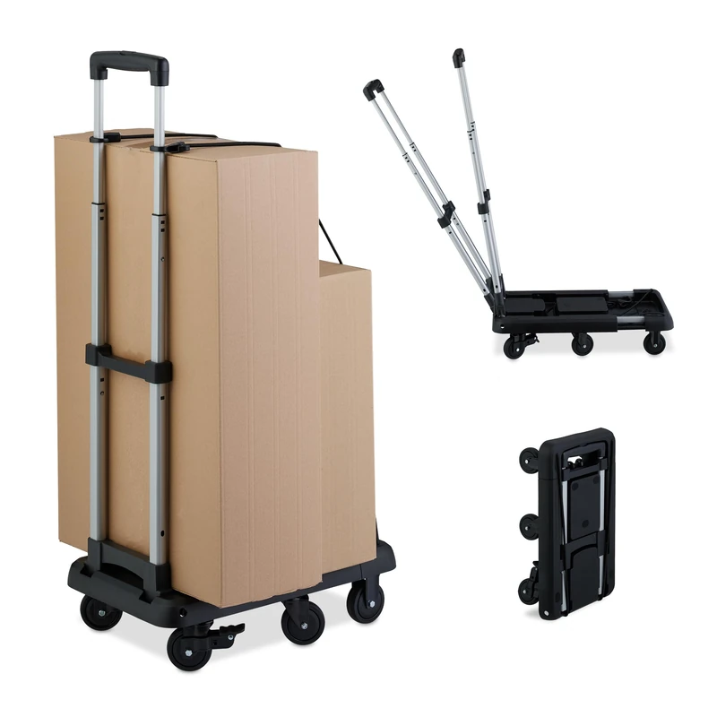 Relaxdays Platform Truck, Folding Trolley, Extendable Handle, 4 Swivel Castors, 2 Lockable Wheels, up to 100 kg, Black, Plastic, Rubber, Iron, 102 x 32 x 60 cm