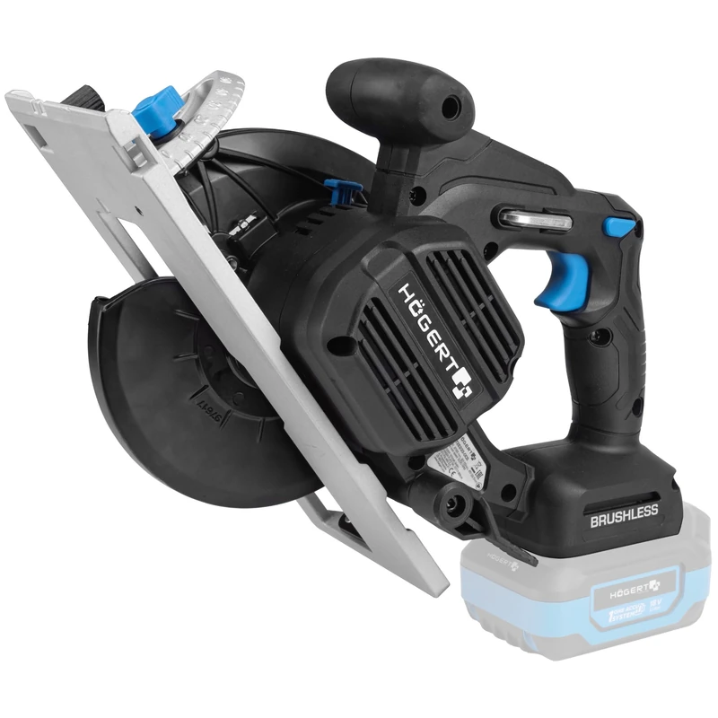 HÖGERT TECHNIK Cordless Handheld Circular Saw 18 V, Brushless Motor, Wireless, 0-5000 RPM, 165 mm Disc Diameter, Tool-Free Settings, LED, No Battery, Aluminium Protection, Ideal for Wood and Boards