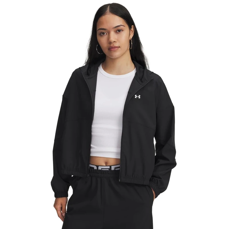 Under Armour Women's Rival Woven Jacket Hooded, Women's Jacket with Water-Resistant Storm Technology, Light Coat with Pockets for Outdoor Pursuits,Black/Black/White,SM