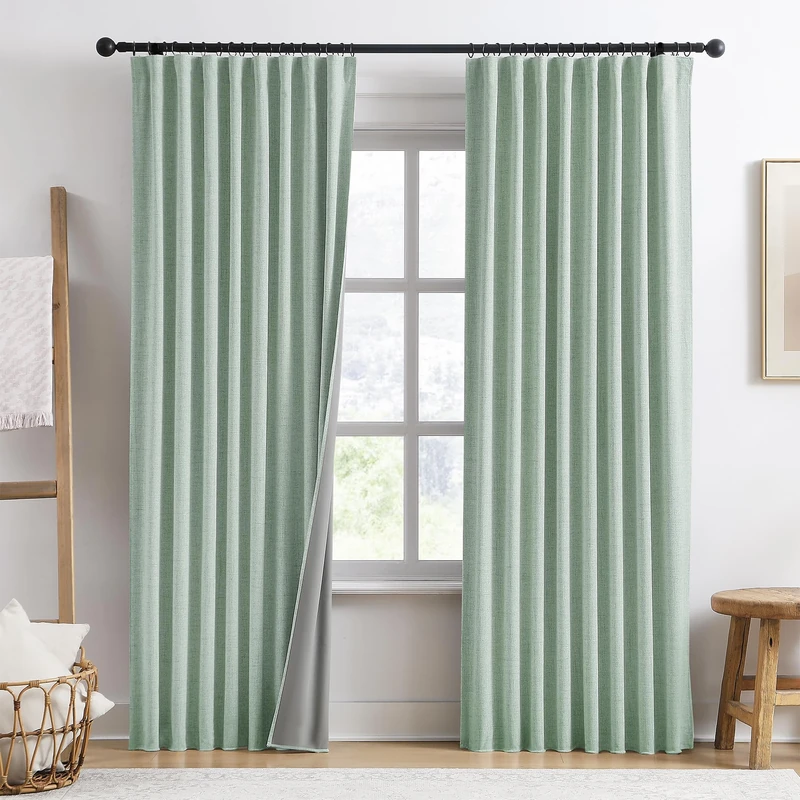 RAIN CITY Light Green Linen Blackout Curtains 90 Inch Long for Living Room,2 Panels Pinch Pleated Drape with Hooks Back Tab Boho Decor, Textured Full Black Out Curtains for Bedroom 50 x 90