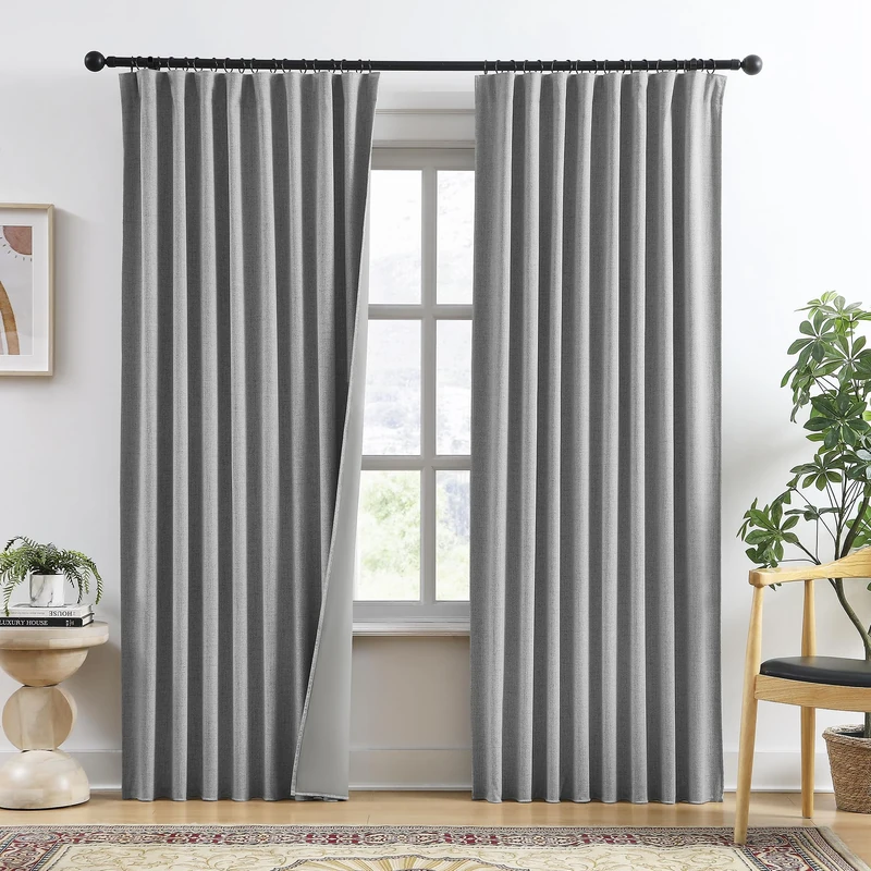 RAIN CITY 90 Inch Long Blackout Curtains 2 Panels Set,70 Inch Wide Back Tab Pleated Curtains with Hooks Track System,Energy Efficinet Linen Blend Drapes for Dining Room Hoom Office 70x90,Grey