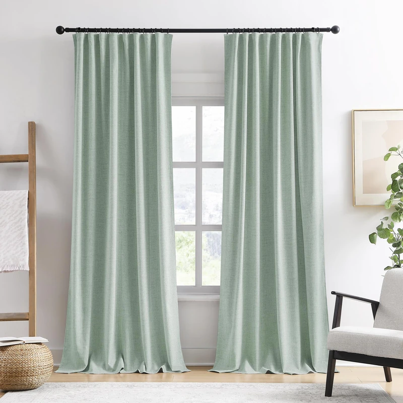 Light Green Linen Blackout Curtains 96 Inch Long for Living Room,2 Panels Pinch Pleated Drape with Hooks Back Tab Boho Decor, Textured Full Black Out Curtains for Bedroom 50 x 96