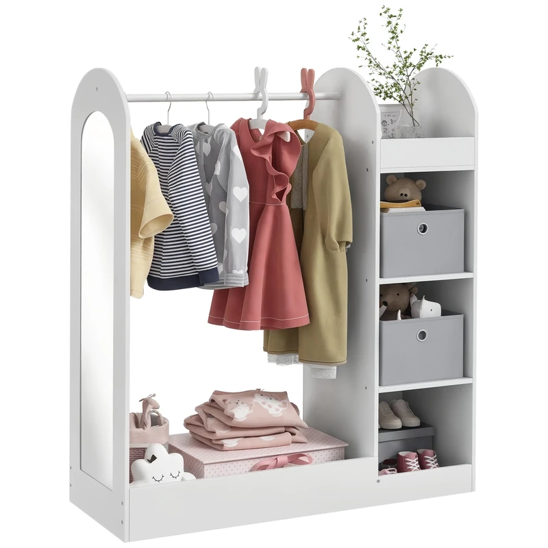 AIYAPLAY Kids Clothes Rail, Children Dress Up Storage with Storage Shelf, Boxes, Mirror, Kids Wardrobe for Bedroom, Nursery, White