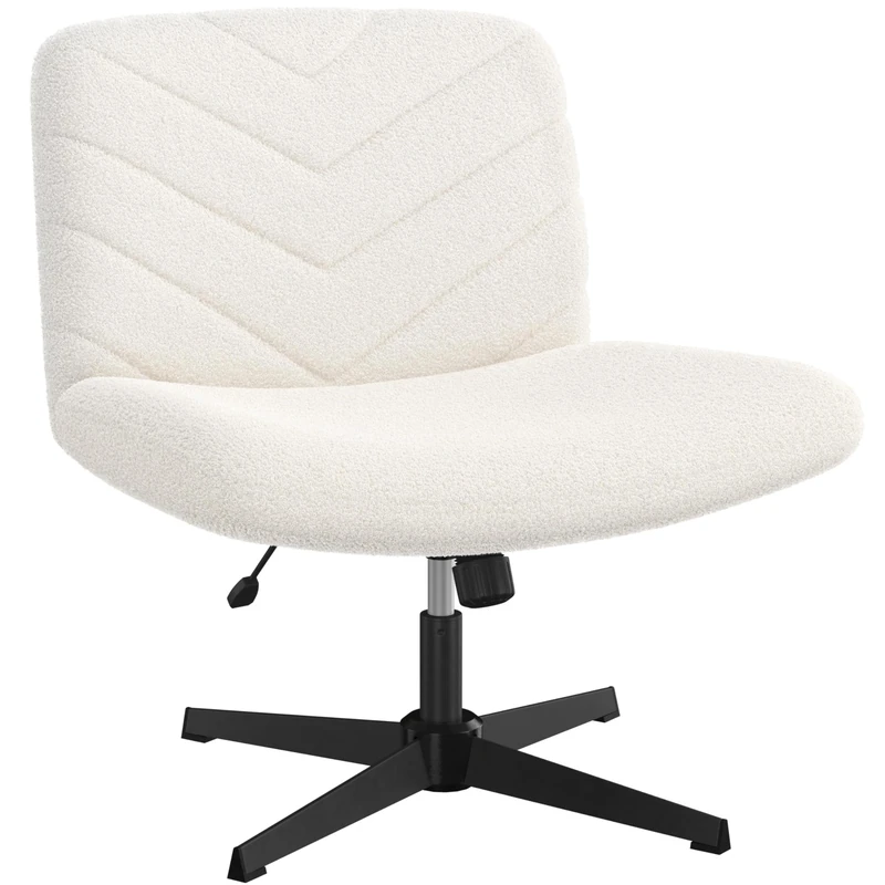 Yaheetech Wide Seat Cross Legged Office Chair, Adjustable Armless Office Chairs with No Wheels, Vanity Chair Criss Cross Chair Swivel Computer Chairs, Ivory