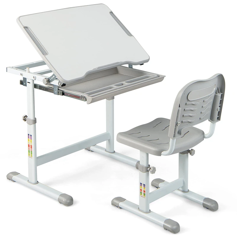 GYMAX Kids Desk and Chair Set, Height Adjustable Children Study Table with Tilt Desktop, Drawer and Metal Hook, Students Writing Desk Set for Boys Girls (Grey)