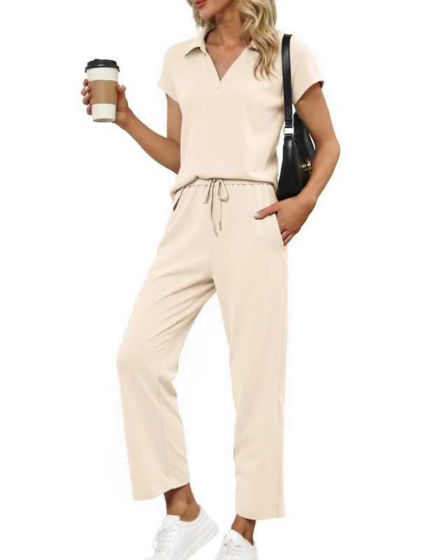 Glamaker Womens 2 Piece Summer Outfit Lounge Set Cap Sleeve Polo Top And Pant Set Tracksuit Travel Matching Outfit 2025, Apricot, Small