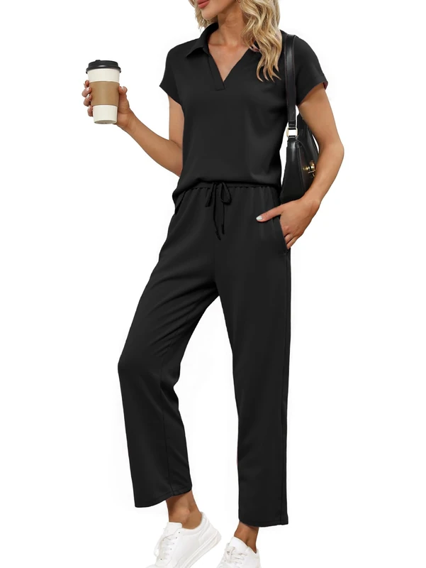 Glamaker Womens 2 Piece Summer Outfit Lounge Set Cap Sleeve Polo Top And Pant Set Tracksuit Travel Matching Outfit 2025, Black, M