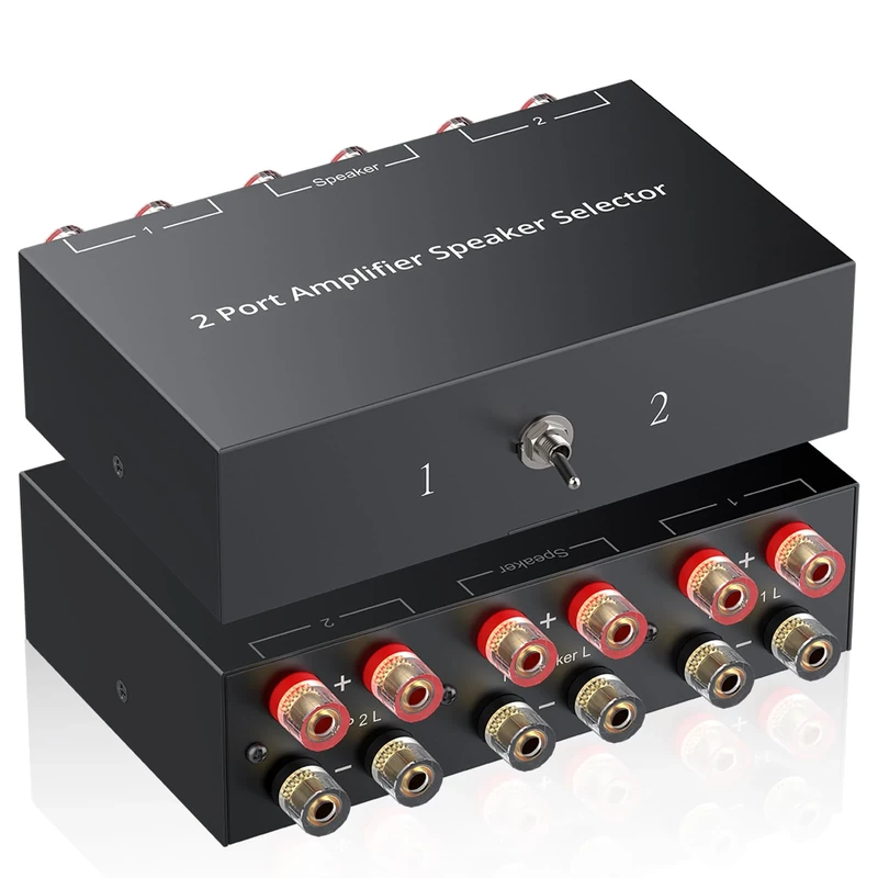 PROZOR Amplifier Speaker Switcher Selector- 2(1)-In-1(2)-Out Bi-Directional Amplifier Selector with 1/2 Switch Gold-Plated Banana Jacks AMP Speaker Switcher Box No External Power need for Home Stereos