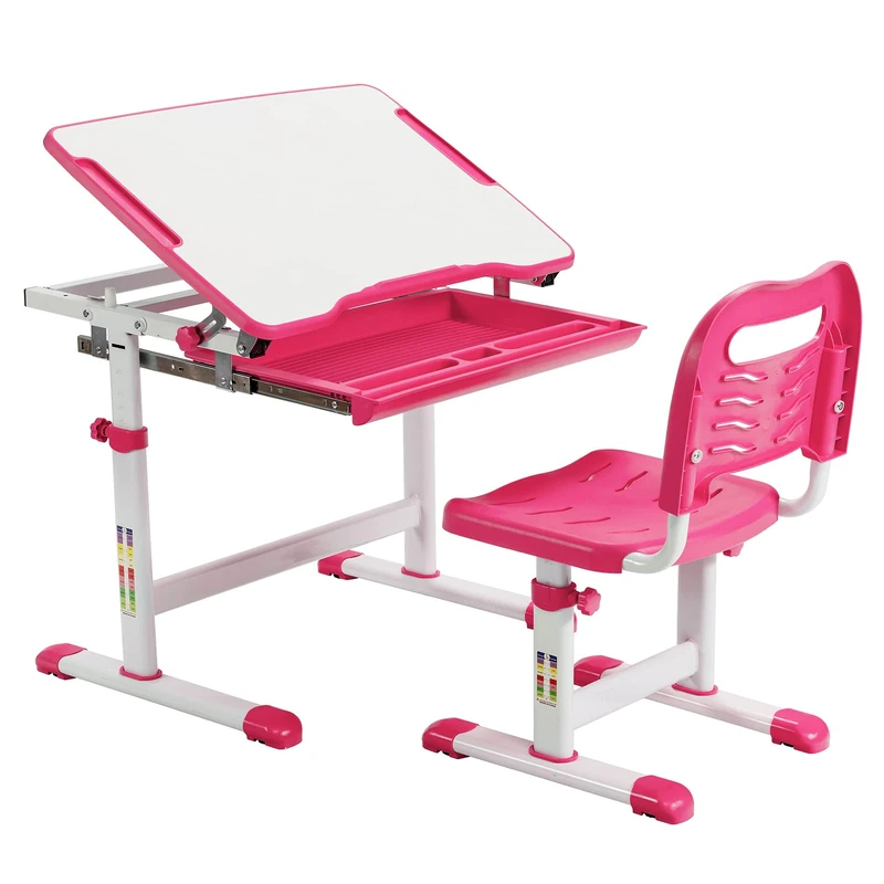 GYMAX Kids Desk and Chair Set, Height Adjustable Children Study Table with Tilt Desktop, Drawer and Metal Hook, Students Writing Desk Set for Boys Girls (Pink)