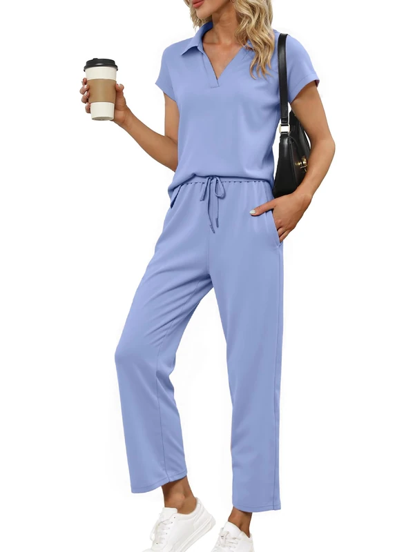 Glamaker Womens 2 Piece Summer Outfit Lounge Set Cap Sleeve Polo Top And Pant Set Tracksuit Travel Matching Outfit 2025, Blue, Large