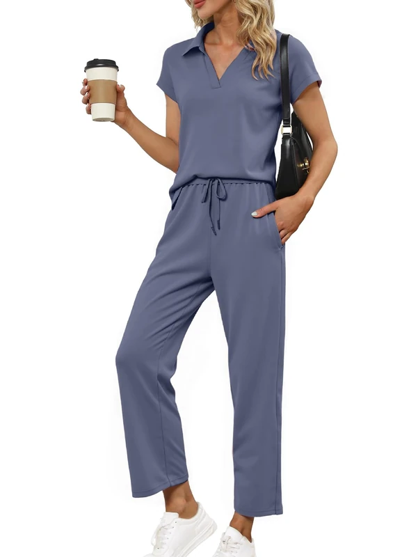 Glamaker Womens 2 Piece Summer Outfit Lounge Set Cap Sleeve Polo Top And Pant Set Tracksuit Travel Matching Outfit 2025, Blue Purple, Large
