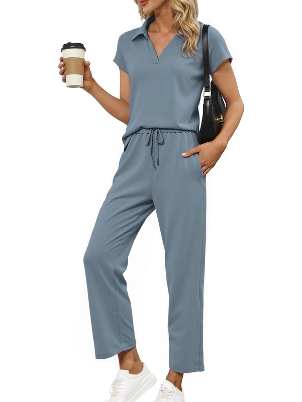 Glamaker Womens 2 Piece Summer Outfit Lounge Set Cap Sleeve Polo Top And Pant Set Tracksuit Travel Matching Outfit 2025, Grey Blue, Medium