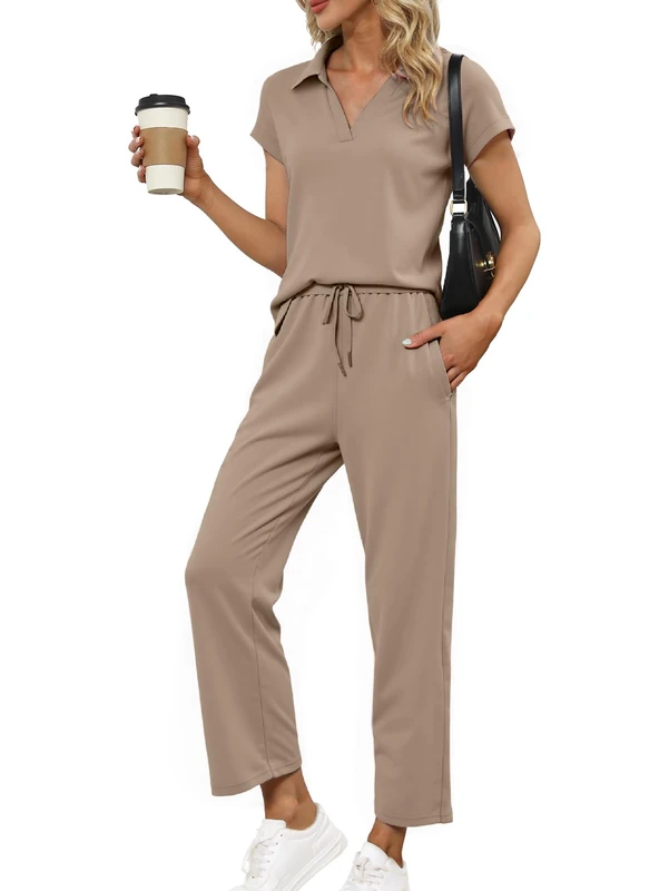 Glamaker Womens 2 Piece Summer Outfit Lounge Set Cap Sleeve Polo Top And Pant Set Tracksuit Travel Matching Outfit 2025, Coffee Grey, X-Large