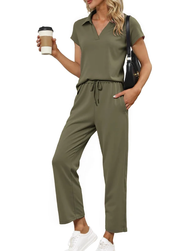 Glamaker Womens 2 Piece Summer Outfit Lounge Set Cap Sleeve Polo Top And Pant Set Tracksuit Travel Matching Outfit 2025, Army Green, Medium