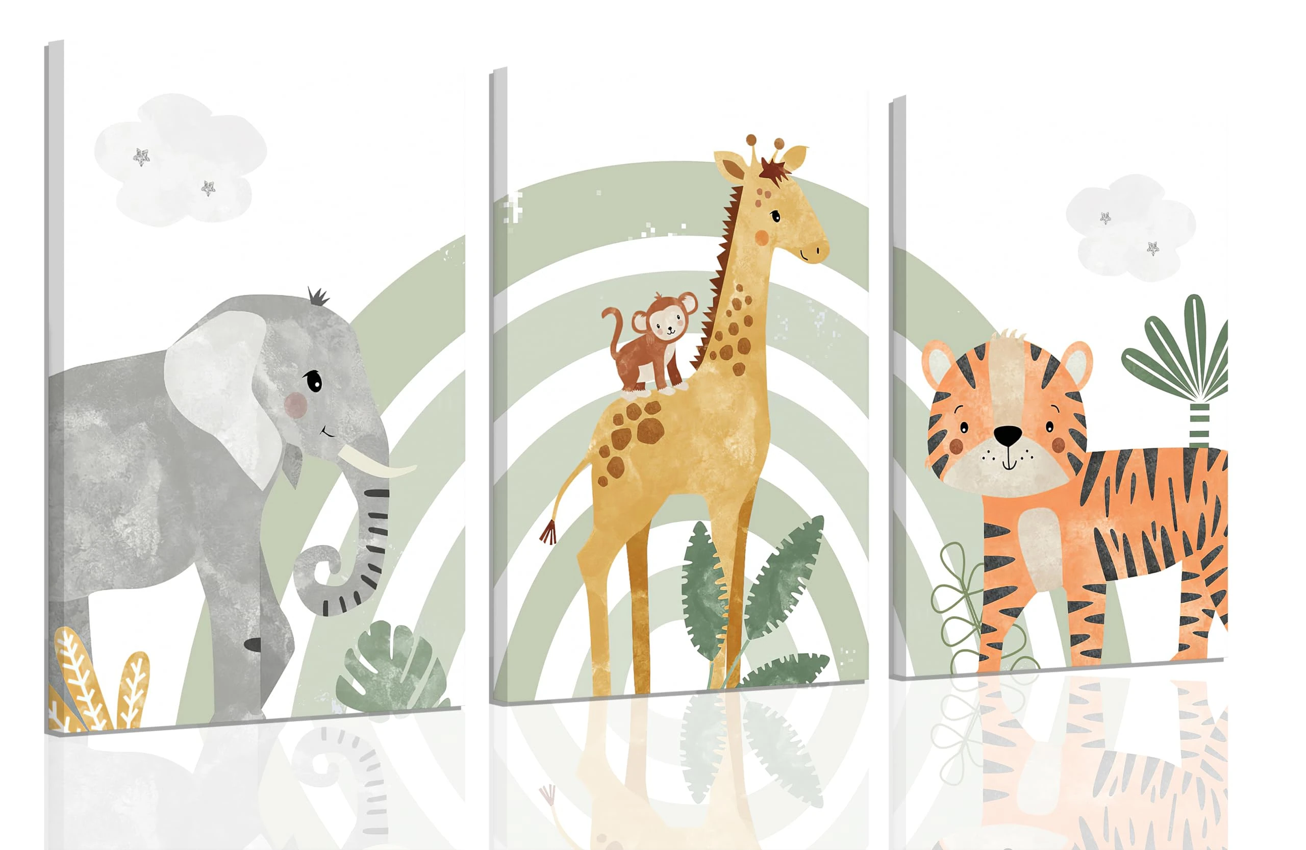 3Pcs Framed Safari Animals Canvas Wall Art elephant tiger giraffe Posters Prints Bohemian Rainbow elements Paintings Pictures wall decor for Nursery Baby Bedroom Decorations