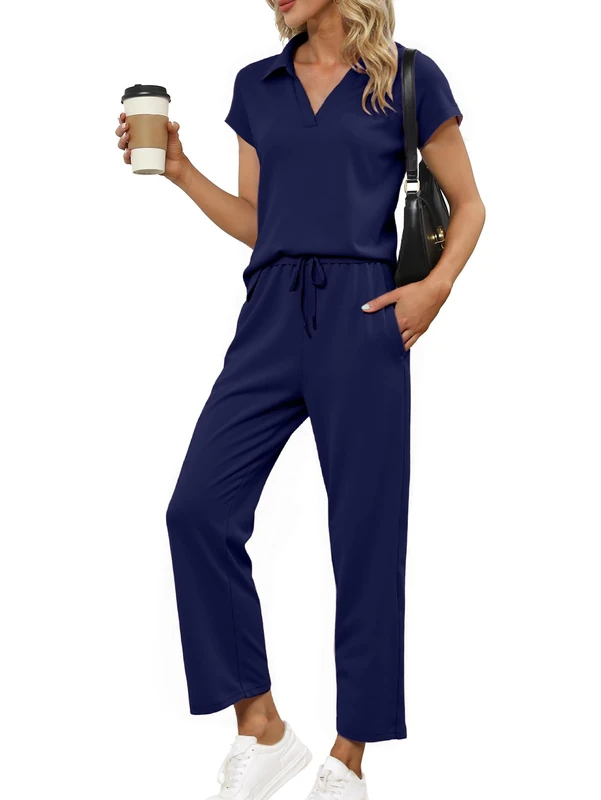 Glamaker Womens 2 Piece Summer Outfit Lounge Set Cap Sleeve Polo Top And Pant Set Tracksuit Travel Matching Outfit 2025, Navy Blue, Large