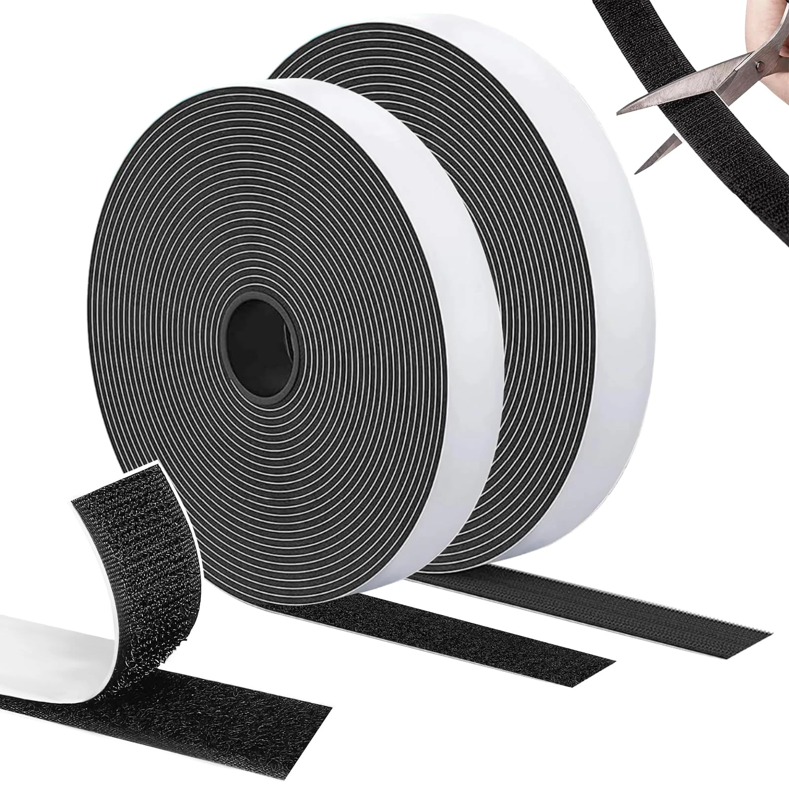 SURFOU Hook and Loop Tape Black, Self Adhesive Double-Sided 10m × 20mm Reusable Strips Roll, Heavy Duty Fastening Material for Screen, Carpet, Curtains and Blinds Tabs