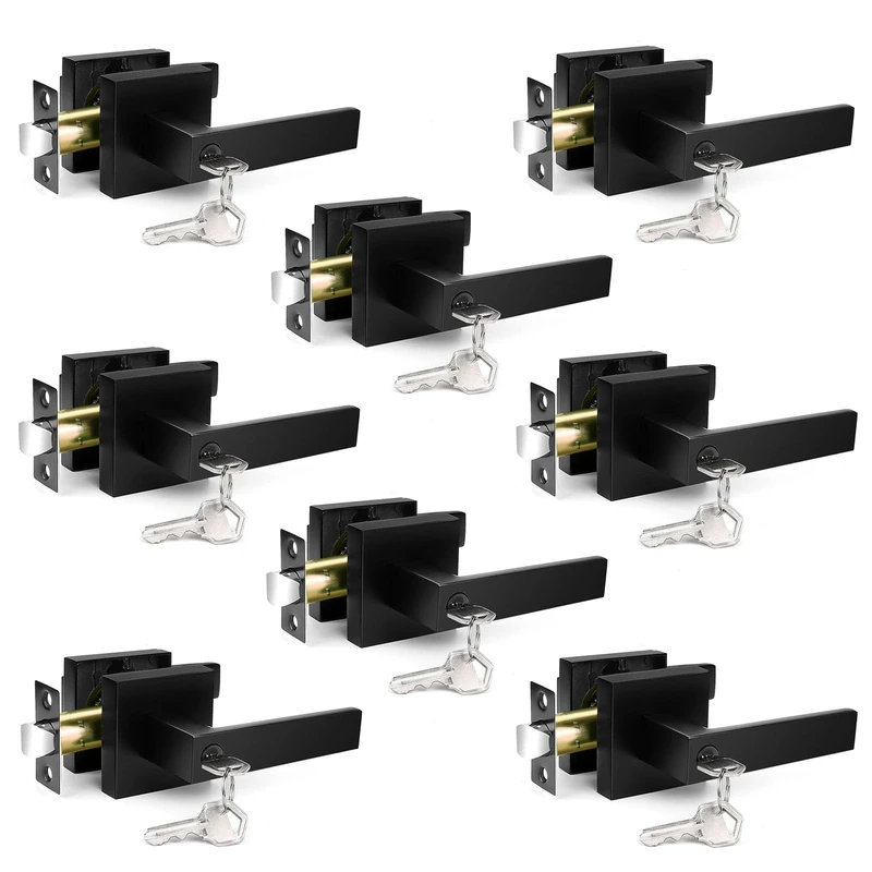 YYTDZSW Door Handles Interior, Door Knobs Interior, Black Door Handle with Reversible Lever, Keyed Alike Door Lock Sets for Bedroom, 8 Packs Heavy Duty Door Lock Sets, Matte Black (8)