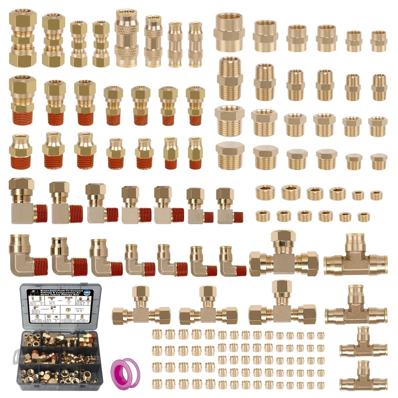 Ailbiuko 150Pcs Brass DOT Push-to-Connect Fittings & Compression Air Nylon Tubing Fittings Assortment Kits,1/4" 1/8" 3/8" 1/2" Air Brake Line Air Hose Fittings for Truck or Industrial Air System