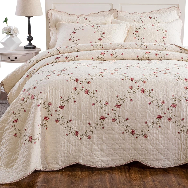 mixinni Floral Embroidered Quilt Set - 3 Pieces Reversible Quilt Bedding Set, Cotton Blend Quilt King Size Set Elegant Embroidery Bedspread Coverlet Set with 2 Pillow Shams for All Seasons (106"x96")