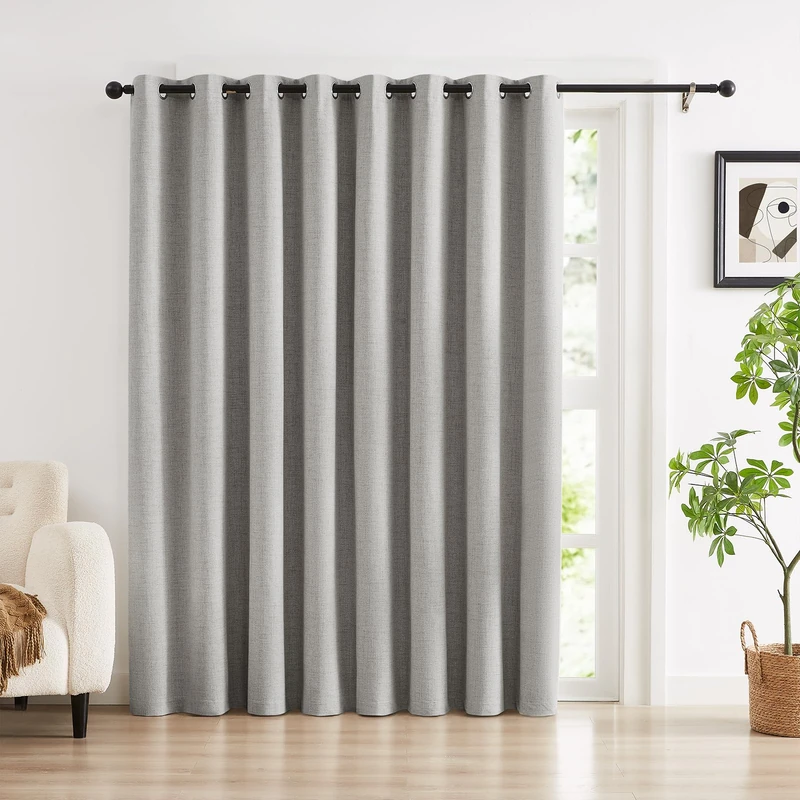 Anpark 100% Blackout Linen Curtains for Bedroom,Grey Black Out Curtains 84 Inch Long 1 Panel Extra Wide Farmhouse Window Room Darkening Curtain for Living Room,Grommet Drapes,100" W x 84" L