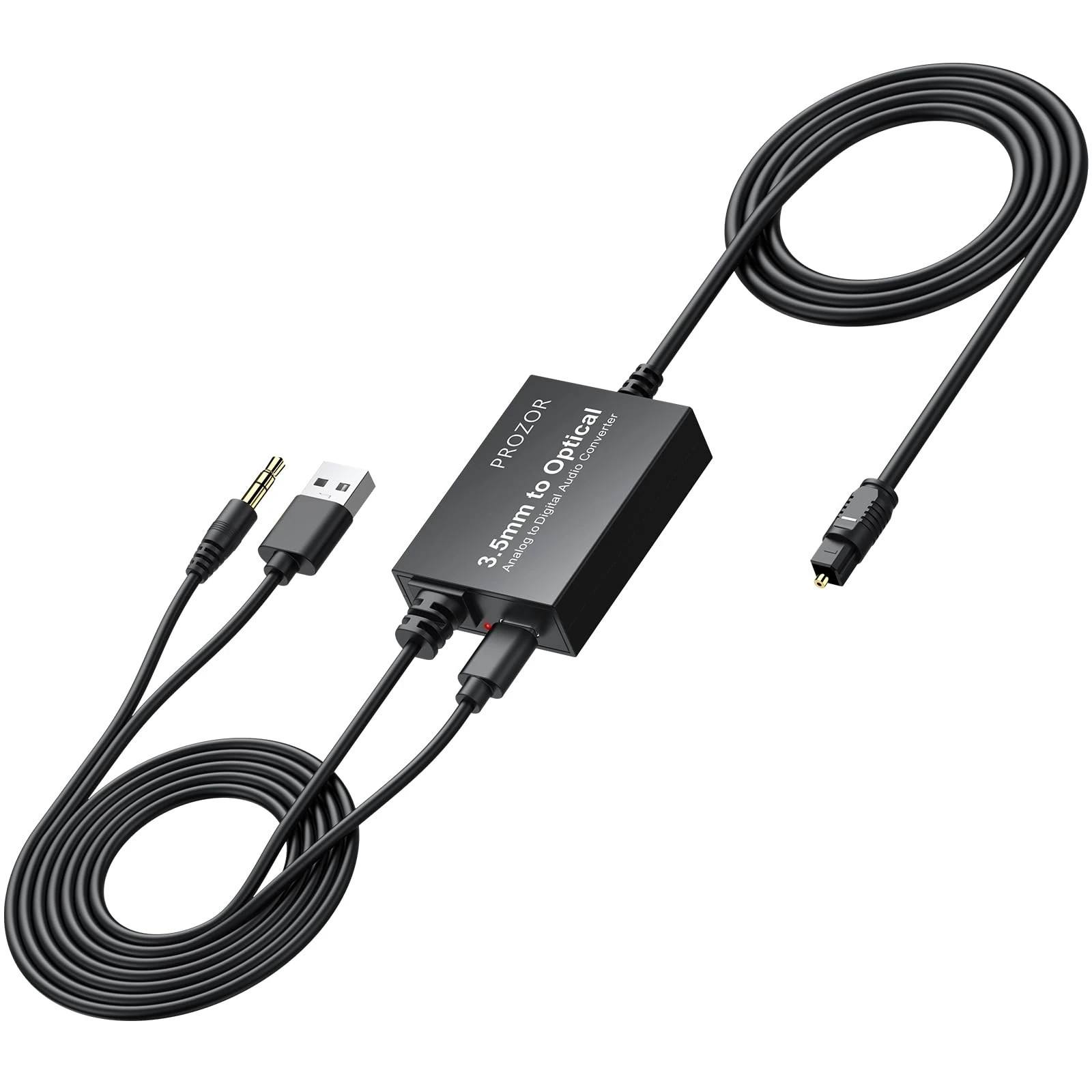 PROZOR Analog to Digital Audio Converter - 3.5mm to Optical Converter Cable Analogue 3.5mm Signals Into Toslink SPDIF Optical Digital Signals for Computers Laptops Projector to Soundbar