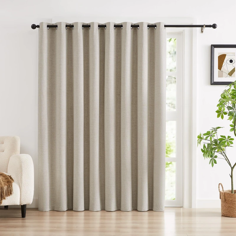 Anpark 100% Blackout Linen Curtains for Bedroom,Beige Black Out Curtains 84 Inch Long 1 Panel Extra Wide Farmhouse Window Curtain for Living Room,Grommet Room Darkening Drapes,100"W x 84"L
