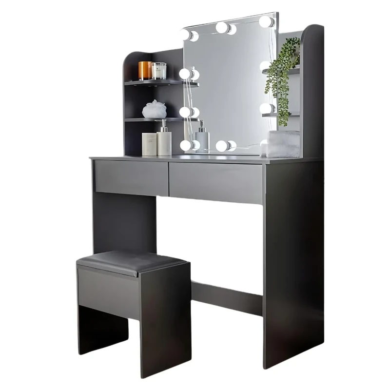 Home Source Black Dressing Table Set with LED Mirror & Padded Stool – 6 Shelves, 2 Drawers Vanity Table with Mirror and Lights, Makeup Desk for Bedroom, Apartments & Student Rooms