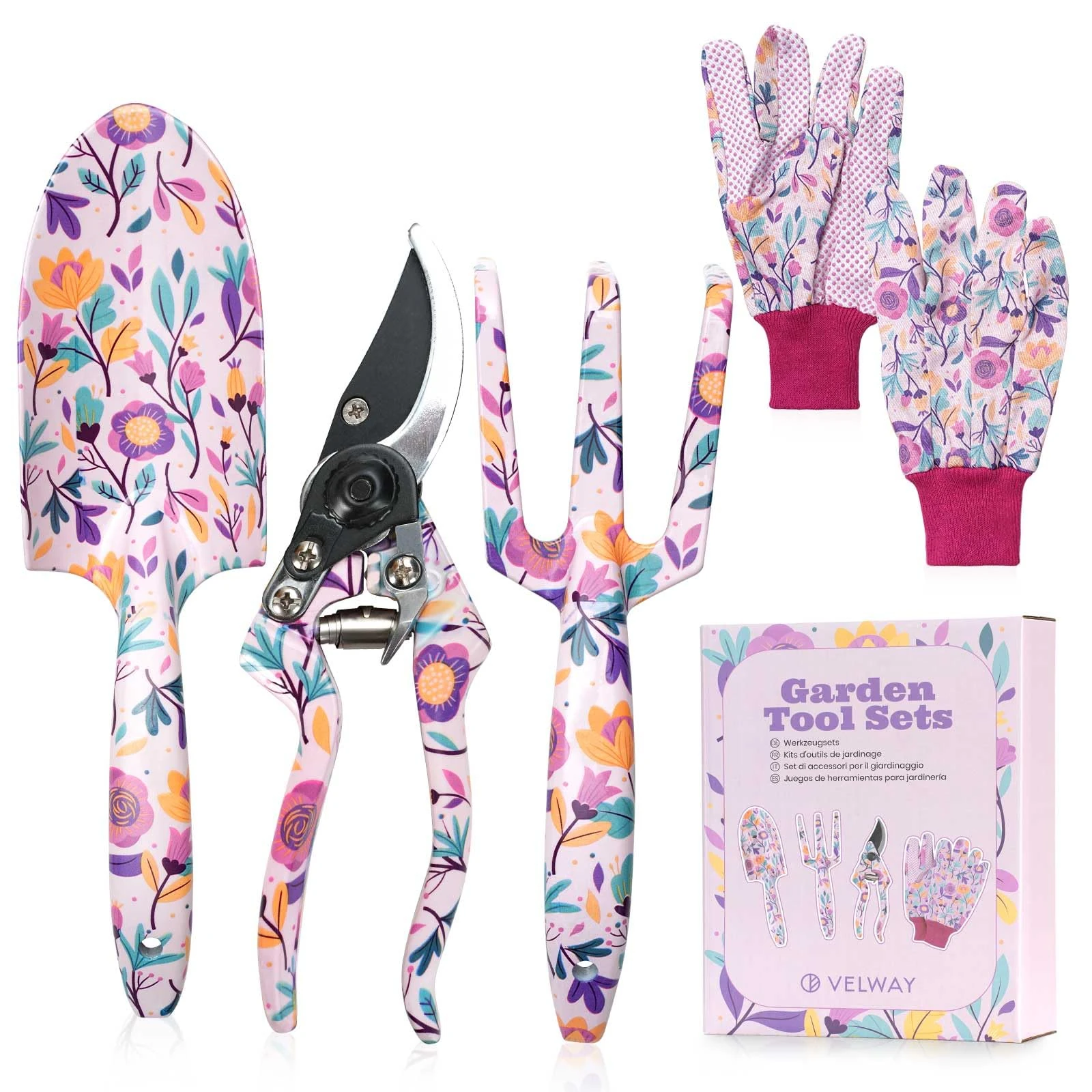 Gardening Gifts for Women Mum - Velway 5-Piece Gardening Tools with Gift Box&Gloves Floral Print Metal Garden Tools Set for Ladies Gardeners Mothers Day Christmas Birthday