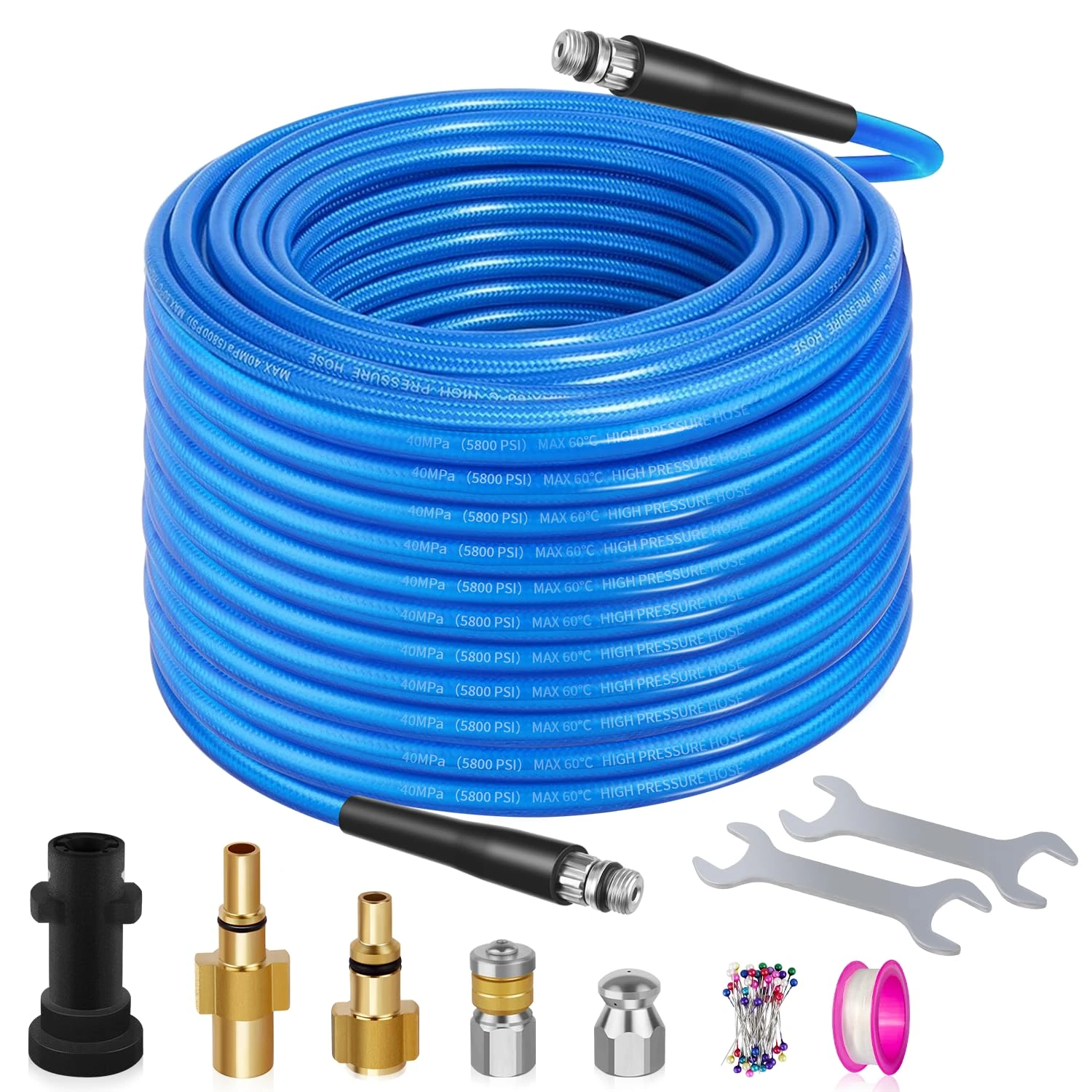 15M Pressure Washer Drain Pipe Sewer Blockage Hose Cleaning Kit with Jet Nozzle and Rotating Jet Nozzle for Karcher K2-K7 Series,3 Adapters Replacement for Bosch, Lavor Pressure Washer (B - Blue)