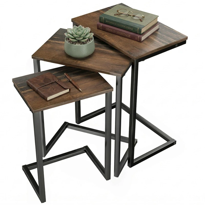 HOMCOM Nesting Side Tables Set of 3, C-Shaped Sofa Side Tables with Steel Frame for Sofa Couch and Bed, Rustic Brown