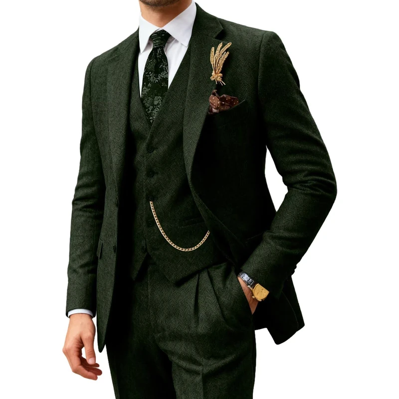 Classic Men Suit Regular Fit 3 Piece Tweed Herringbone Wool Jacket Tuxedos Wedding Grooms Blazer Vest Pants for Wedding, Green, M