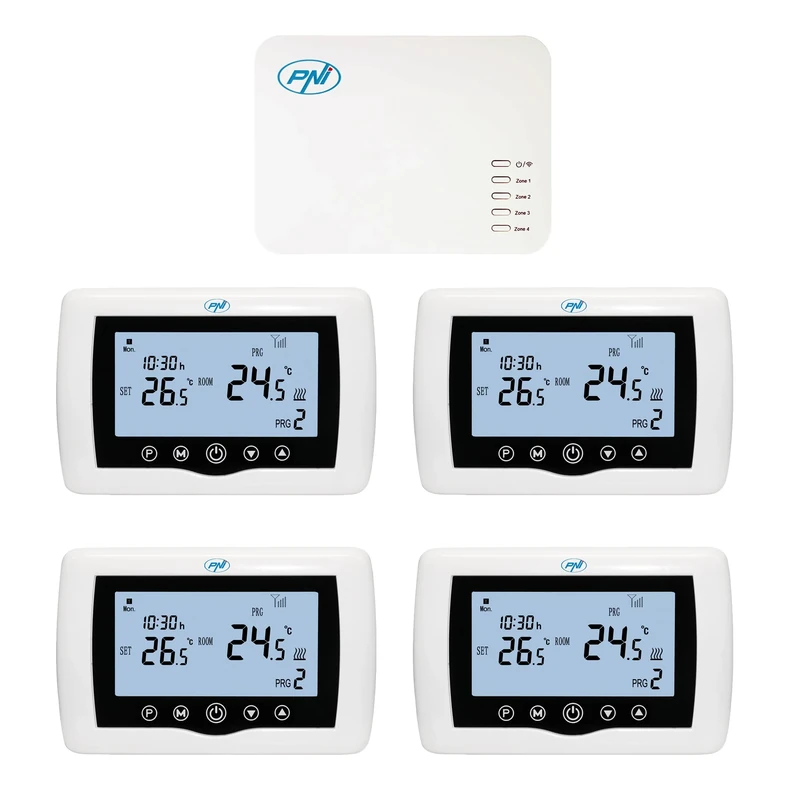 Smart thermostat PNI CT440 wireless, with WiFi, control 4 zones via the Internet, for heating plants, pumps, solenoid valves, TuyaSmart APP, White