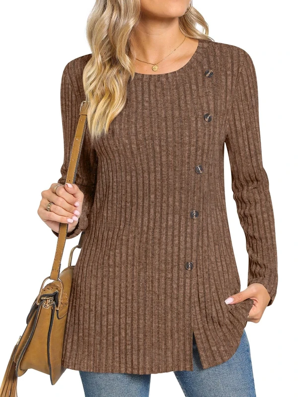 TAOHUADAO Women's Long Sleeve Jumpers Crewneck Tunic Tops with Button Sides Loose Casual Fall Sweater Shirts for Leggings S, Brown