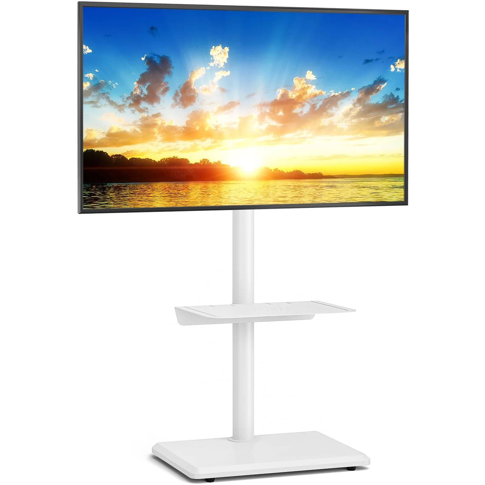 5Rcom Universal Swivel TV Floor Stand with Mount for 32-55 Inch TVs up to 40 kgs, Height Adjustable TV Stand with Swivel, Tall TV Stand with White Wooden Base, Max VESA 400x400mm (White)